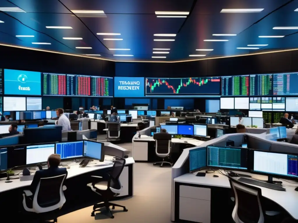 Traders en un moderno piso de trading Trading floor con traders analizando datos de mercado y tomando decisiones estratégicas