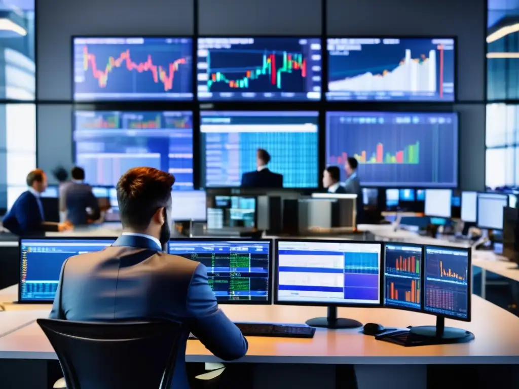 Traders analizan datos y toman decisiones en una sala de trading moderna Trading floor con traders analizando datos y tomando decisiones