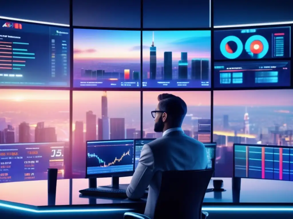 Traders analizan datos en piso bursátil Trading floor con traders analizando datos y tomando decisiones estratégicas