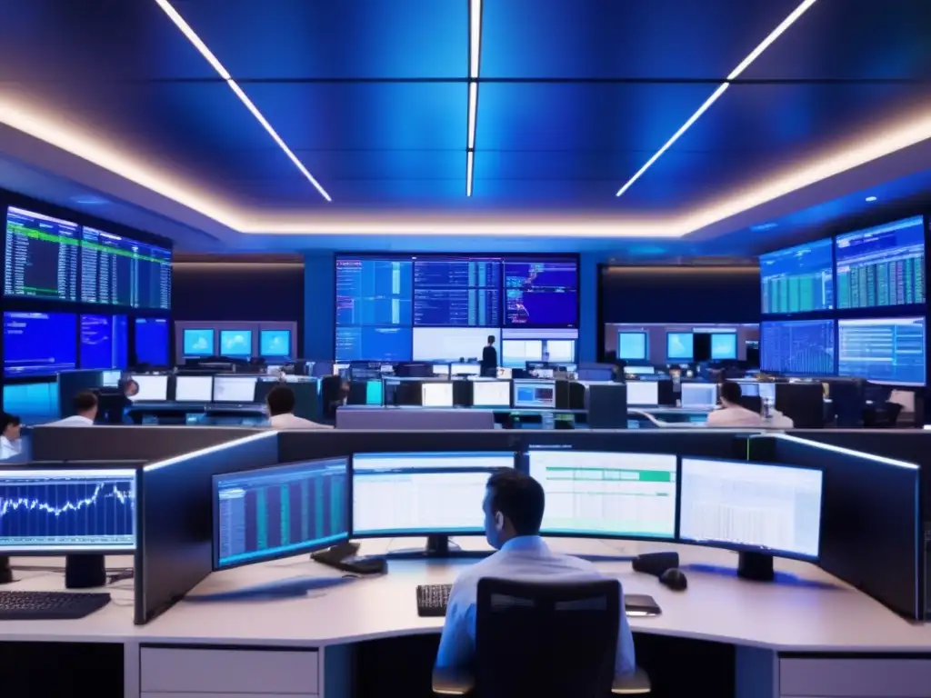 Piso de trading financiero moderno y activo Trading floor con traders enfocados en pantallas, análisis de gráficos y datos financieros