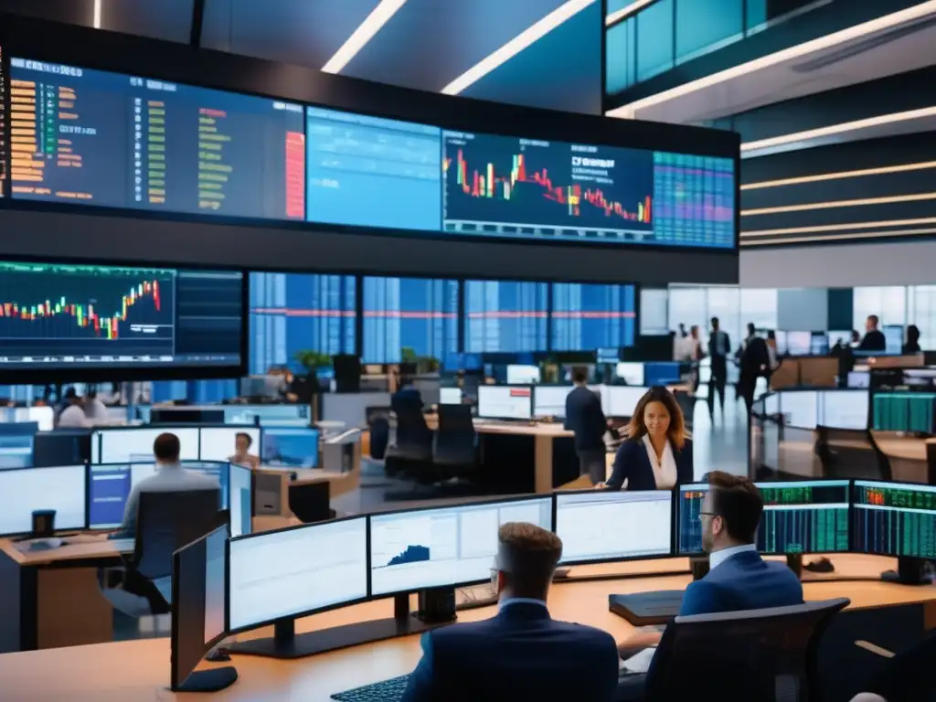 Trader trabajando en piso de trading Trading floor con traders enfocados en estrategias de inversión a corto plazo