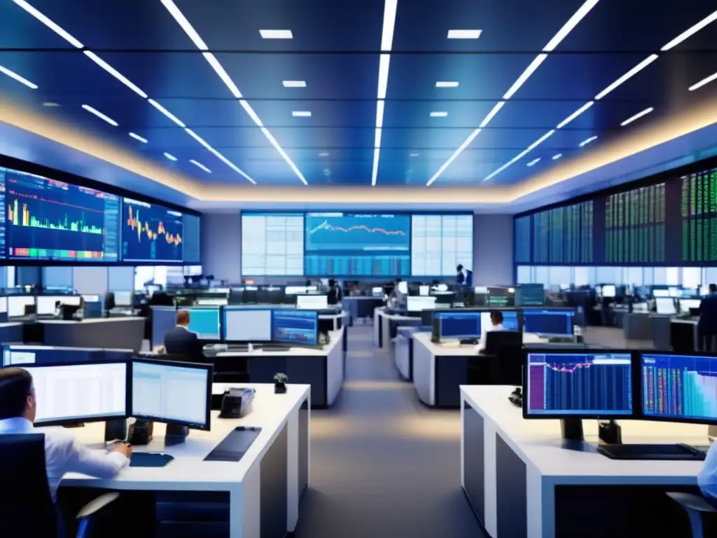 Traders ocupados en moderna bolsa de valores Trading floor con traders inmersos en el trabajo, datos financieros y diseño minimalista - Diversificación de inversión en índices sectoriales