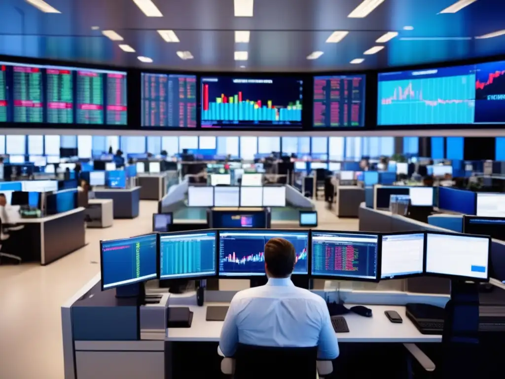 Traders en acción en moderna sala de operaciones Trading floor con traders en acción, luz natural, datos financieros y noticias: Impacto de las noticias financieras