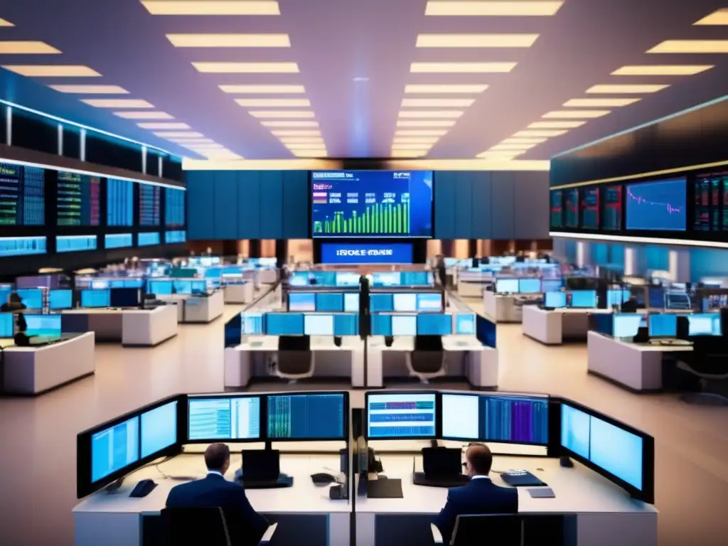 Moderna bolsa de valores llena de traders, tecnología y energía Trading floor con traders, pantallas de alta tecnología y datos en tiempo real