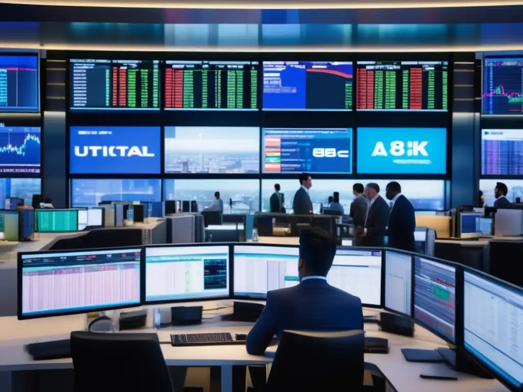 Traders en piso de intercambio de divisas Trading floor con traders, pantallas y vista panorámica