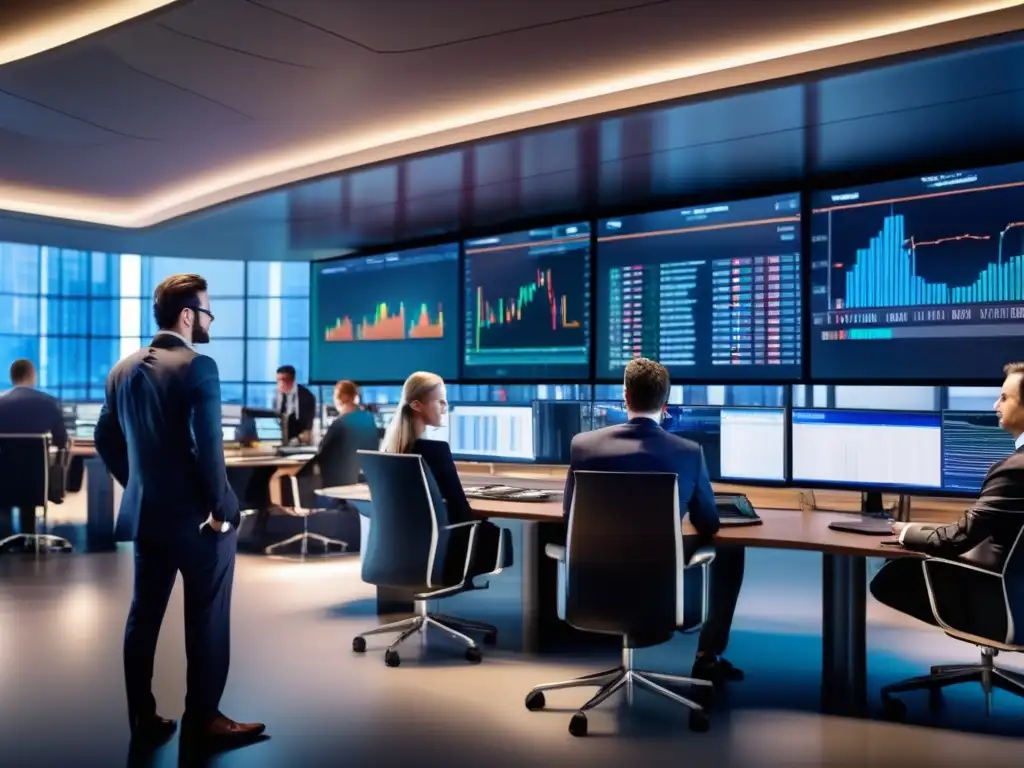 Trading profesional en una sala moderna Trading floor con traders profesionales analizando datos en pantallas múltiples