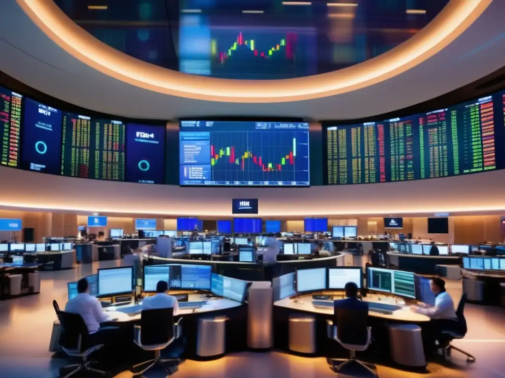 Trading floor lleno de actividad Trading floor con traders profesionales y tecnología avanzada, reflejando la emoción y profesionalismo de las estrategias monetarias para acciones