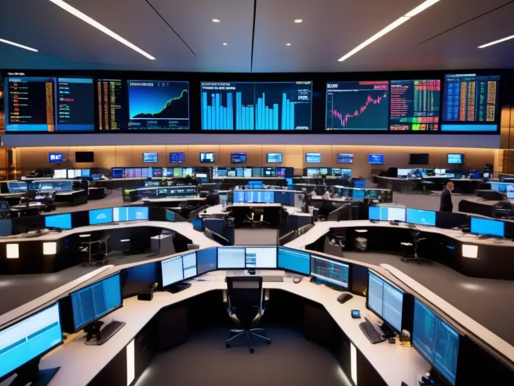 Traders en moderna sala de operaciones Trading floor con traders en trajes monitorean datos de mercado en tiempo real, reflejando la sofisticada naturaleza de invertir en materias primas