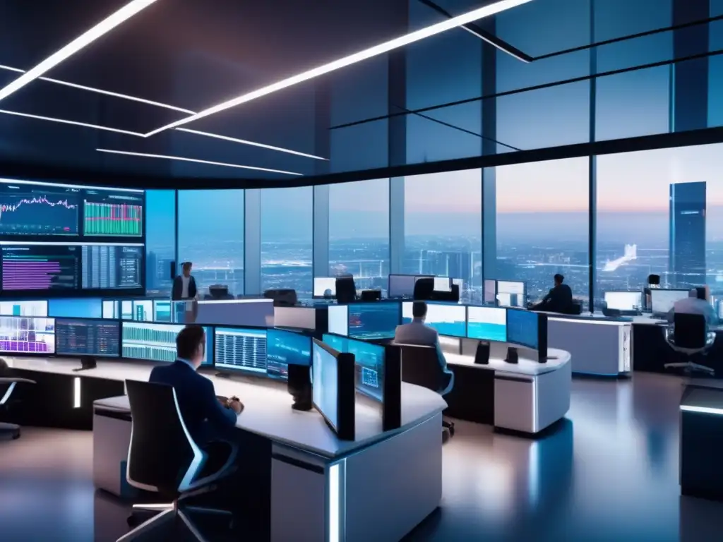 Traders analizan datos en moderna sala de trading Trading floor con traders analizando volumen de operaciones - Importancia del volumen en análisis técnicos
