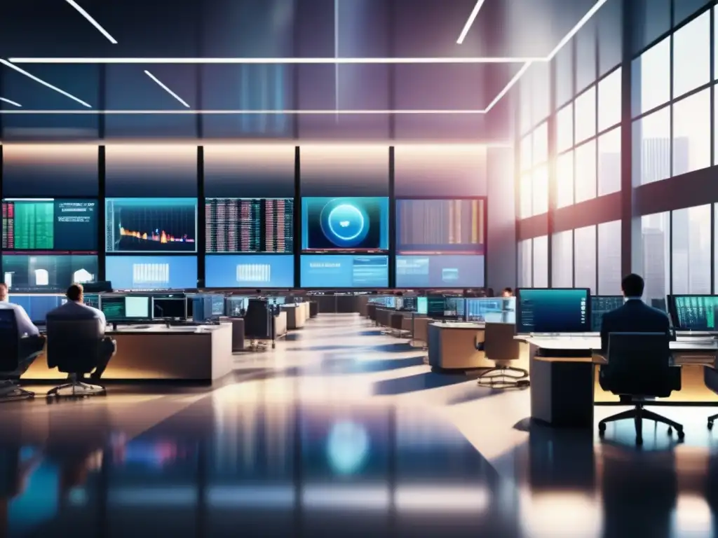Trading floor moderno y sofisticado Trading floor ultradetallado de 8k con traders analizando gráficos, MACD y tecnología de vanguardia