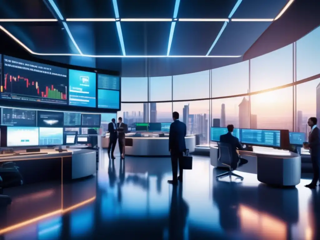 Mercados en ebullición: trading futurista Trading floor ultradetallado en 8k, con traders analizando datos en dispositivos hightech y vistas panorámicas de la ciudad