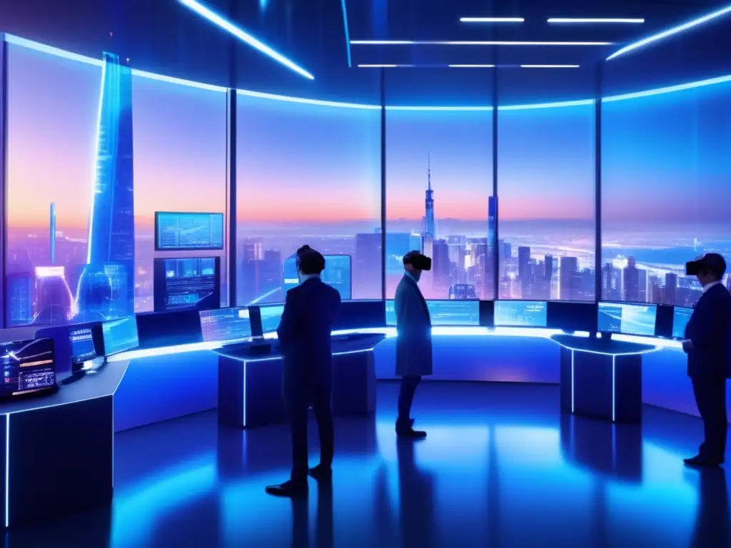 Futuro trading floor con tecnología AI Trading futurista: algoritmos IA aprendizaje mercados inversiones