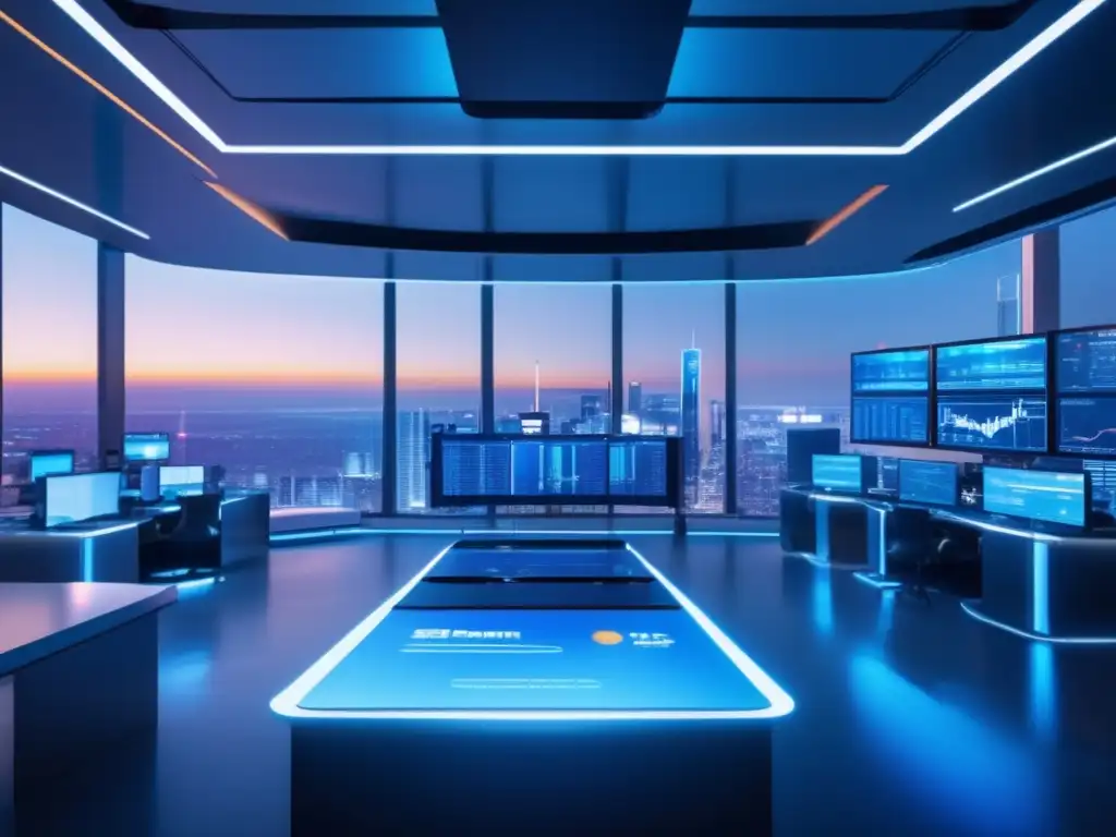 Futuro trading room con tecnología avanzada Trading room futurista con análisis técnico: Predecir mercado con análisis técnico