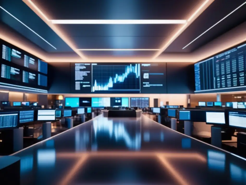 Traders profesionales en moderna sala de trading Fotografía de trading futurista en la bolsa de valores con traders analizando datos en monitores HD