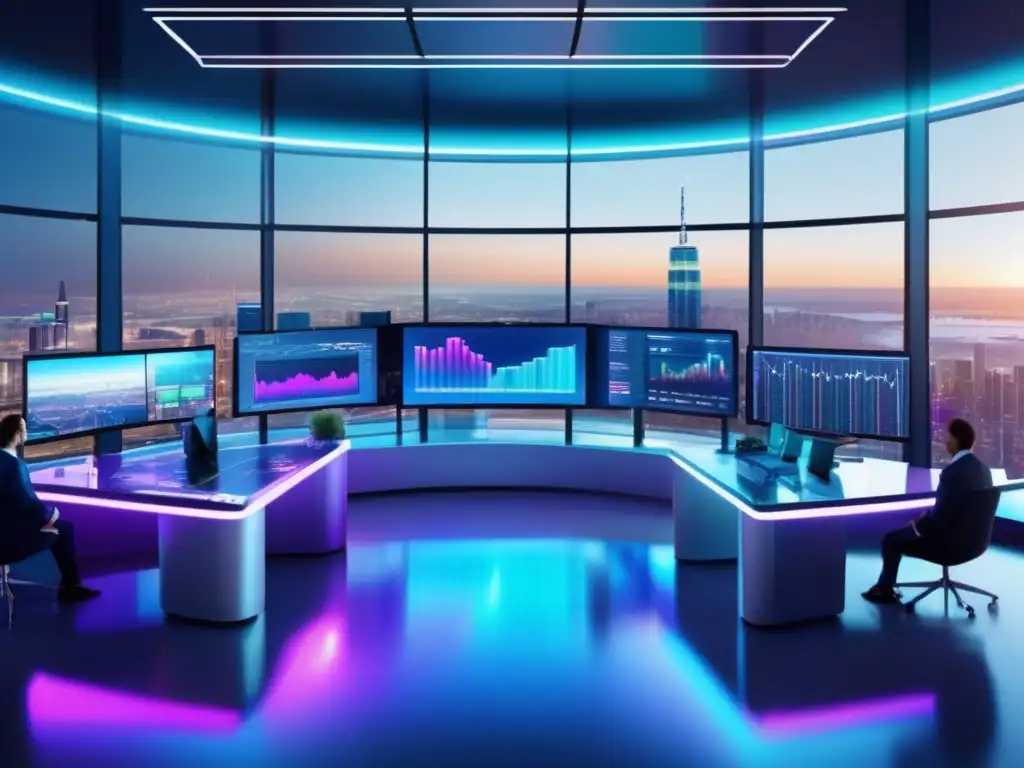 Trading futurista con profesionales analizando datos de mercado en tiempo real