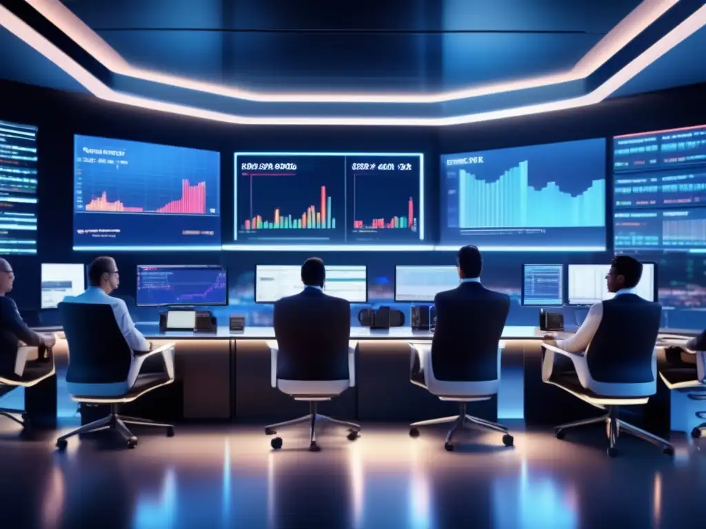 Trading room moderno y sofisticado Trading room futurista con traders analizando datos y ejecutando estrategias de inversión RSI