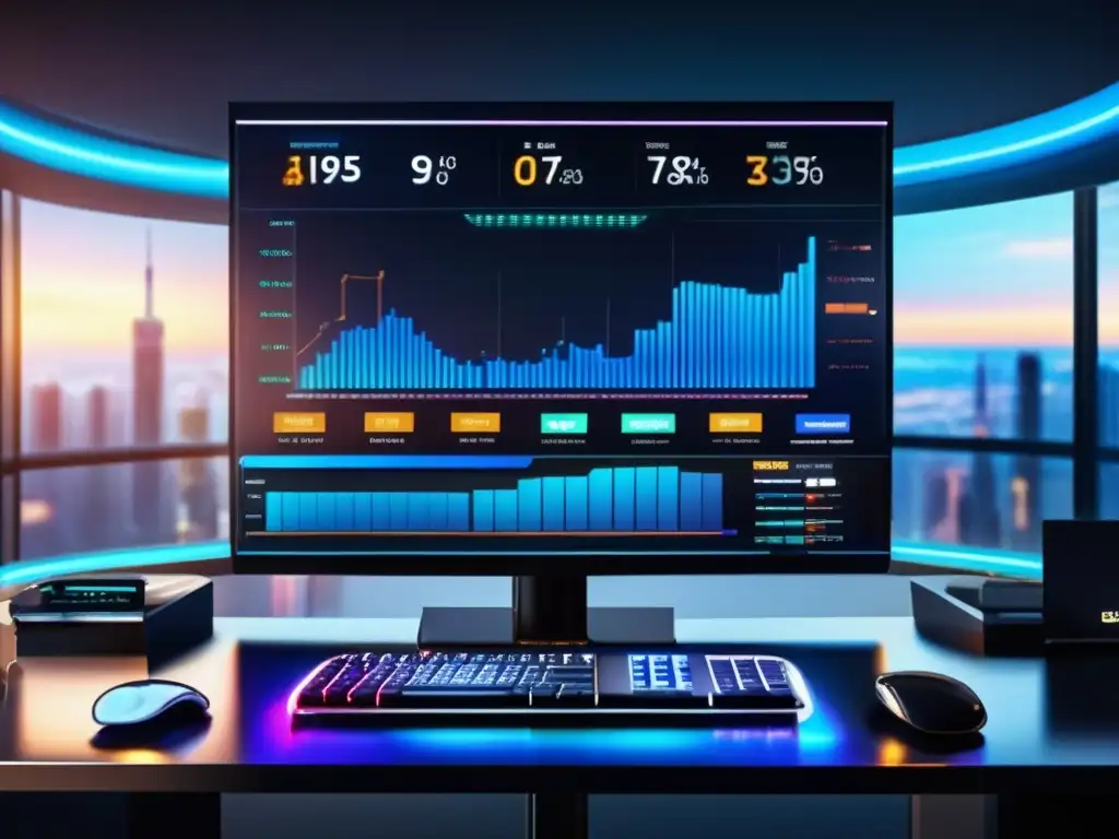 Escritorio de trading moderno y futurista Trading desk ultradetallado 8k: gráficos criptomonedas, moderno, elegante, tecnología, ciudad, análisis técnico altcoins