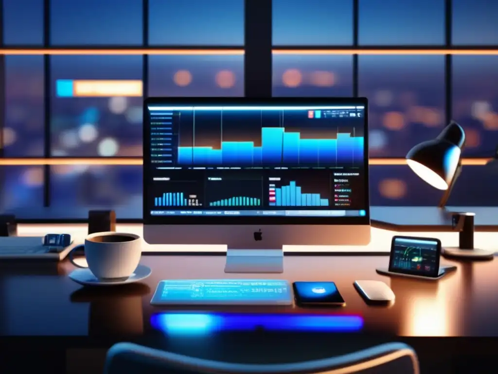 Escritorio de trading moderno con tecnología avanzada Trading desk ultradetallado, tecnología inteligente y CFDs para inversiones apalancadas