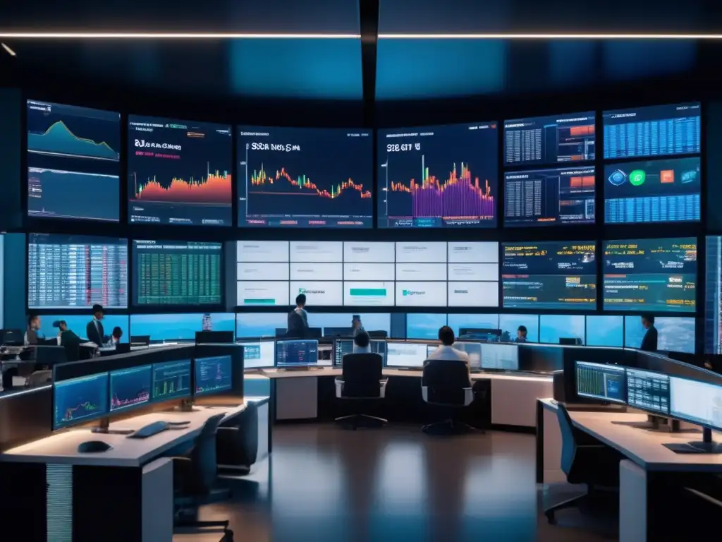 Sala de trading moderna y elegante Trading room moderna con tecnología avanzada y traders analizando noticias