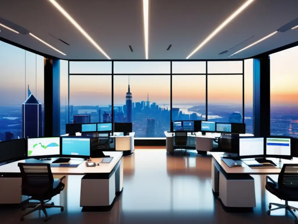 Trading room moderno con vista panorámica de la ciudad Trading room moderna con vista panorámica de la ciudad, mostrando análisis de CCI en operaciones de mercancías
