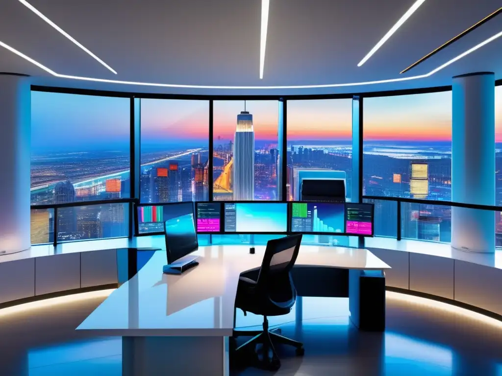 Sala de trading moderna y elegante con vista a la ciudad Trading room moderna con vista urbana