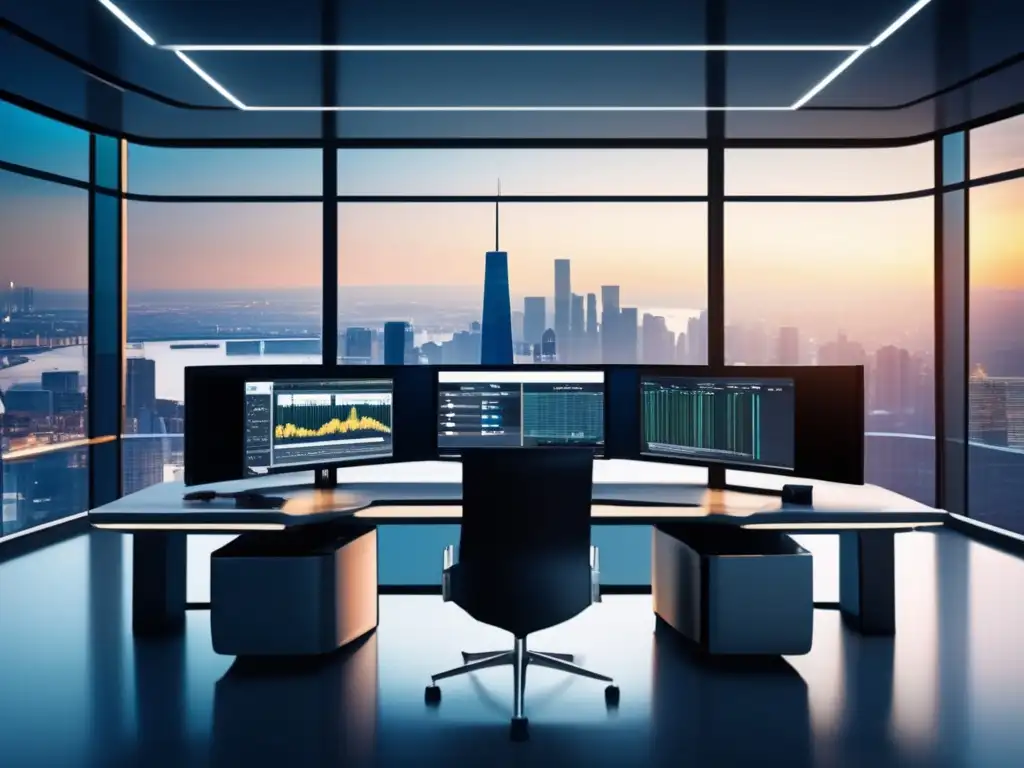 Trading room con diseño minimalista y vista panorámica de la ciudad Trading room moderna, con vista urbana, monitores y trader profesional