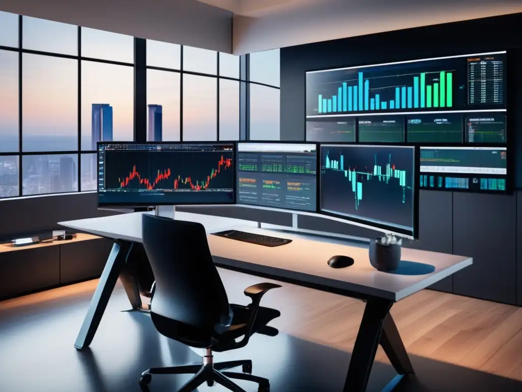 Oficina moderna con escritorio de trading Trading desk moderno con análisis técnico en inversiones