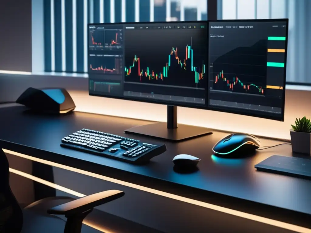 Escritorio de trading moderno y elegante Trading desk moderno, elegante y profesional con gráficos en tiempo real, iluminación ambiental y vista panorámica de la ciudad al atardecer