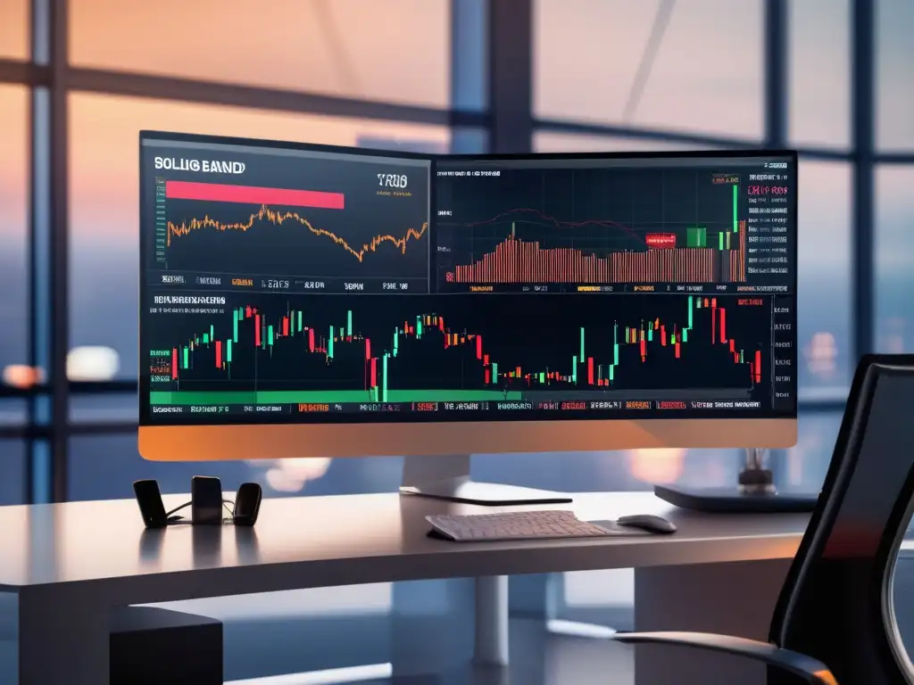 Trading desk con gráfico de bolsa Trading desk moderno con gráfico de mercados volátiles y Bollinger Bands