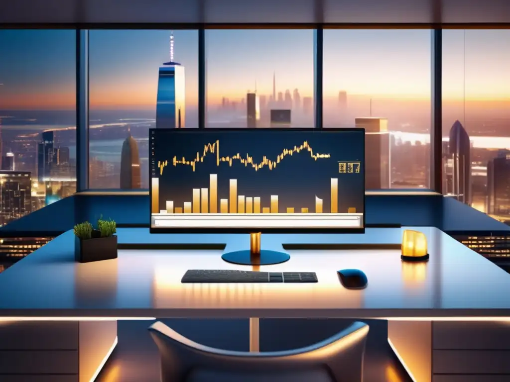 Escritorio de trading moderno con gráfico de mercado y Williams %R Trading desk moderno con indicador Williams %R detecta sobrecompras y sobreventas