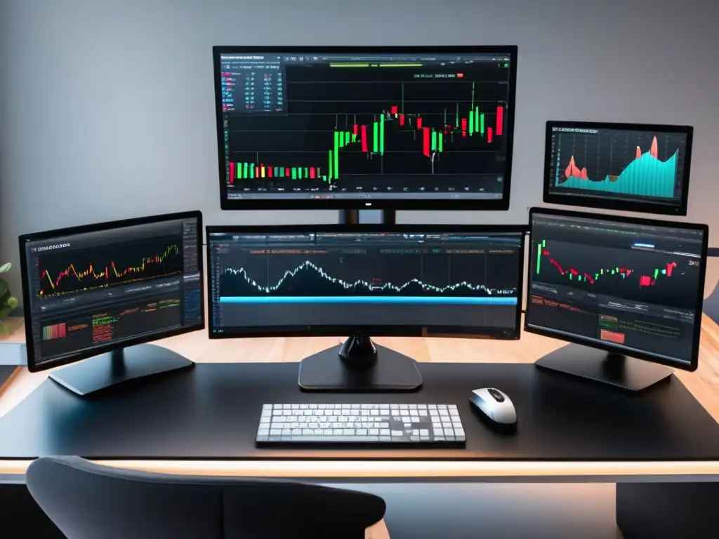 Escritorio de trading moderno y elegante Trading desk moderno de mármol negro con monitor y datos de mercado en tiempo real
