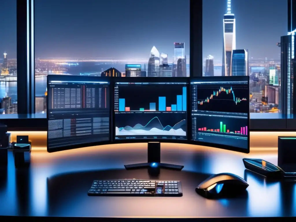 Escritorio de trading moderno y elegante Trading desk moderno con monitor curvo, ciudad nocturna y gadgets de alta tecnología
