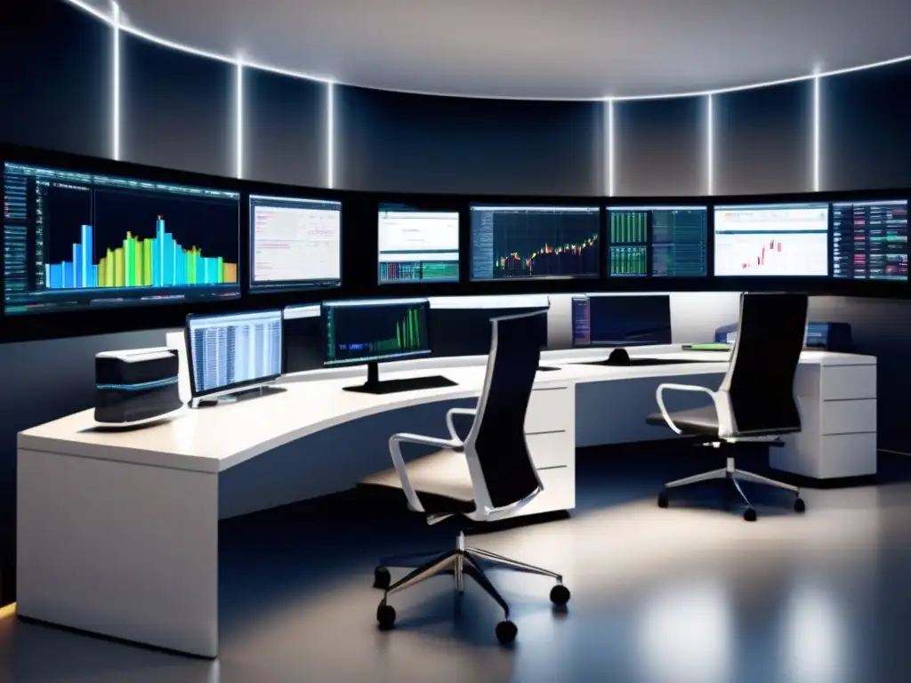 Escritorio de trading moderno y sofisticado con múltiples monitores Trading desk moderno con múltiples monitores y herramientas avanzadas para trading personalizado