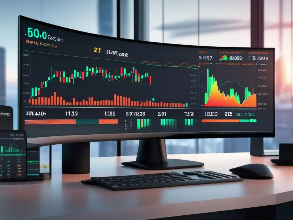 Moderno escritorio de trading con gráfico de acciones Trading desk moderno con estocástico: precisión en operaciones financieras