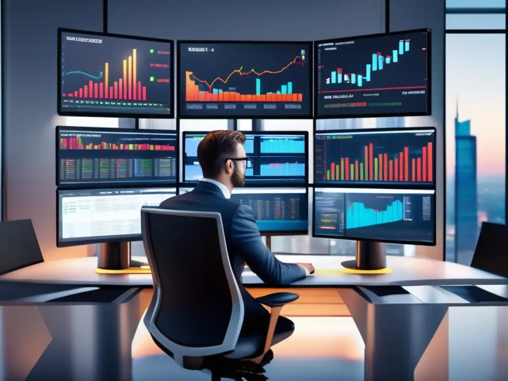 Trading desk moderno con tecnología de vanguardia Trading desk moderno con pantallas mostrando datos y gráficos en tiempo real