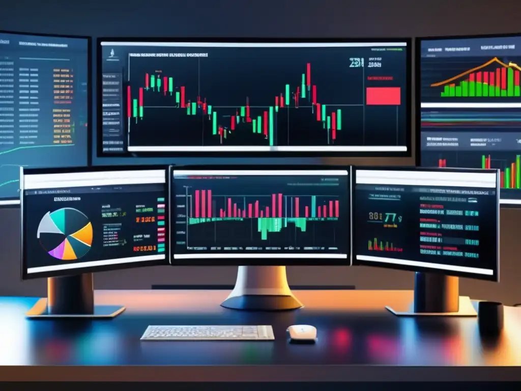 Trading desk con Bandas de Bollinger Trading desk moderno con pantallas mostrando datos de bolsa en tiempo real