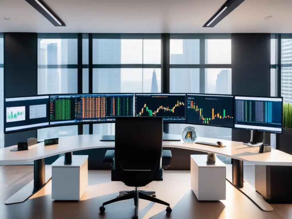 Moderna sala de trading con pantallas de criptomonedas Trading desk moderno con pantallas mostrando gráficos e información de criptomonedas
