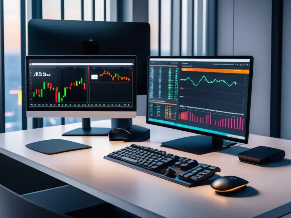 Trading desk moderno y elegante con vista panorámica Trading desk moderno con resolución 8k y backtesting: Beneficios del backtesting en trading algorítmico