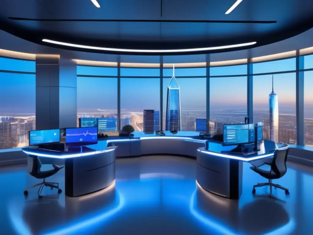 Sala de trading moderna con tecnología avanzada y trading bot Trading room moderno y sofisticado con vistas panorámicas de una ciudad vibrante