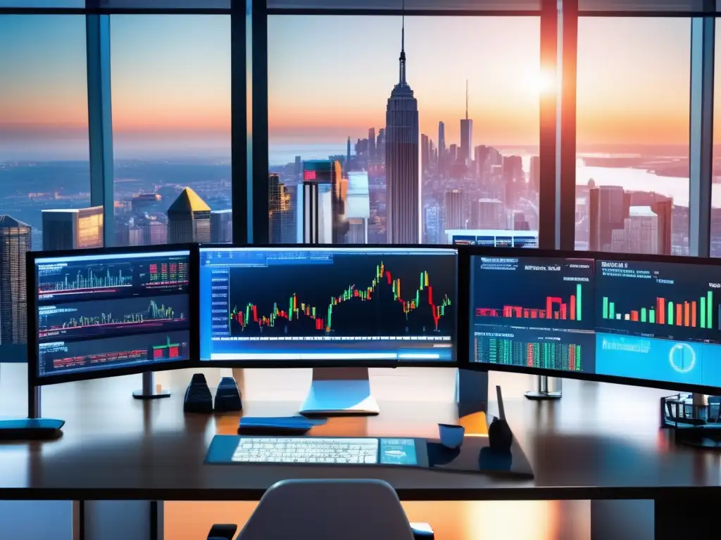 Escritorio de trading moderno con vista panorámica de la ciudad Trading desk moderno con vista panorámica de la ciudad