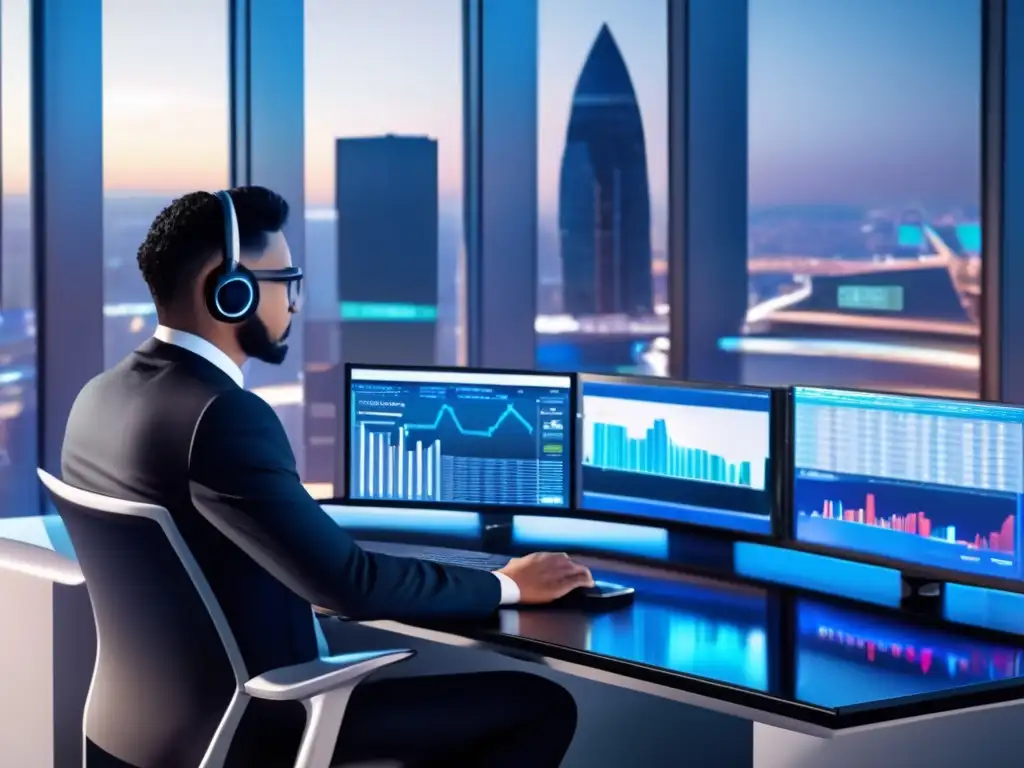 Escritorio de trading moderno con vista panorámica de la ciudad Trading desk moderno con vistas panorámicas de la ciudad y análisis de estrategias de inversión mediante backtesting de bots