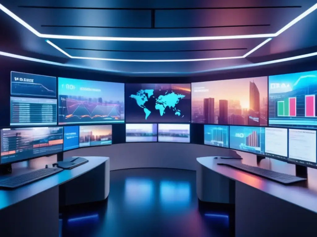 Traders interactuando con hologramas Trading room con holografía y ondas emocionales generadas por noticias en tiempo real