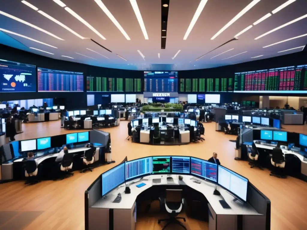 Traders en un mercado bursátil moderno Trading en piso moderno con traders, pantallas, gráficos y energía