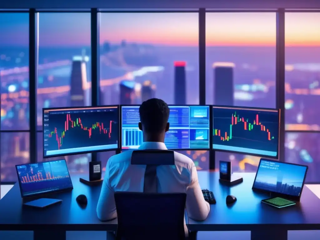 Escritorio de trading moderno y elegante con ciudad al atardecer Trading rápido: Escritorio moderno con vista panorámica de la ciudad al atardecer, gráficos de bolsa en pantalla y manos ágiles en teclado avanzado
