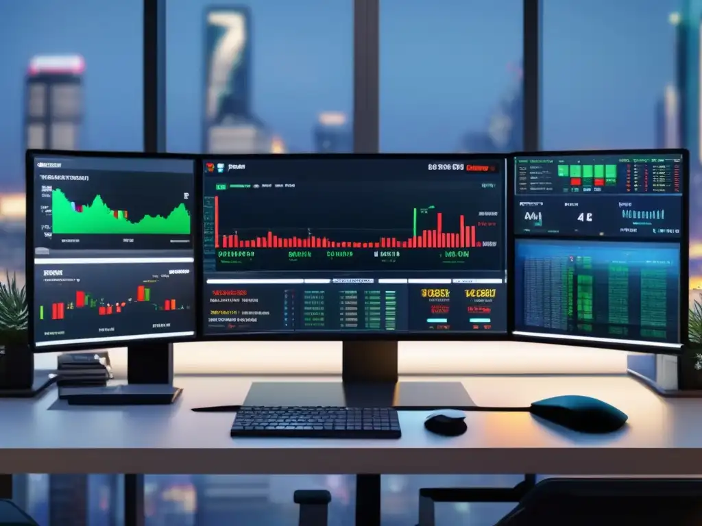 Trading desk moderno y eficiente Trading rápido: moderno escritorio de trading con monitores de alta tecnología que muestran gráficos y datos del mercado en vivo