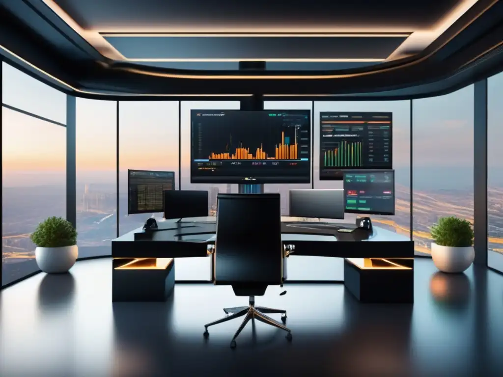 Escritorio de trading elegante y minimalista con vista panorámica Trading desk ultradetallado en 8k con vista panorámica, minimalista y profesional