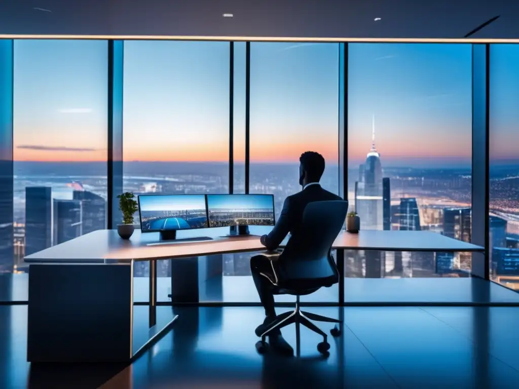 Oficina moderna y tecnológica Trampa sobreconfianza inversiones: Moderna oficina con vista a la ciudad, persona analizando datos financieros en pantalla