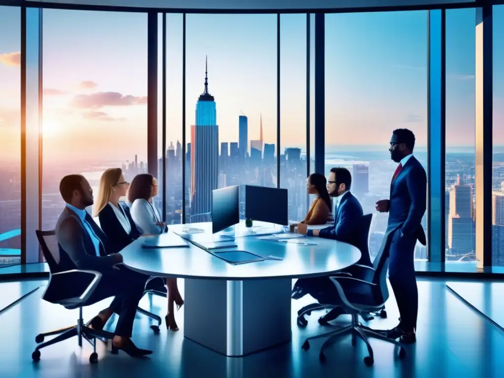 Oficina moderna con tecnología de vanguardia Transición exitosa a Roboadvisors en plan financiero: oficina moderna y profesional con tecnología avanzada y profesionales discutiendo