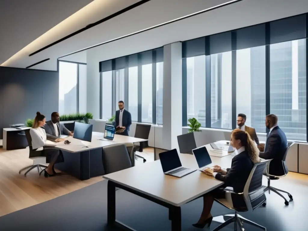 Oficina moderna con profesionales planificando financiamiento Transición exitosa a Roboadvisors en plan financiero