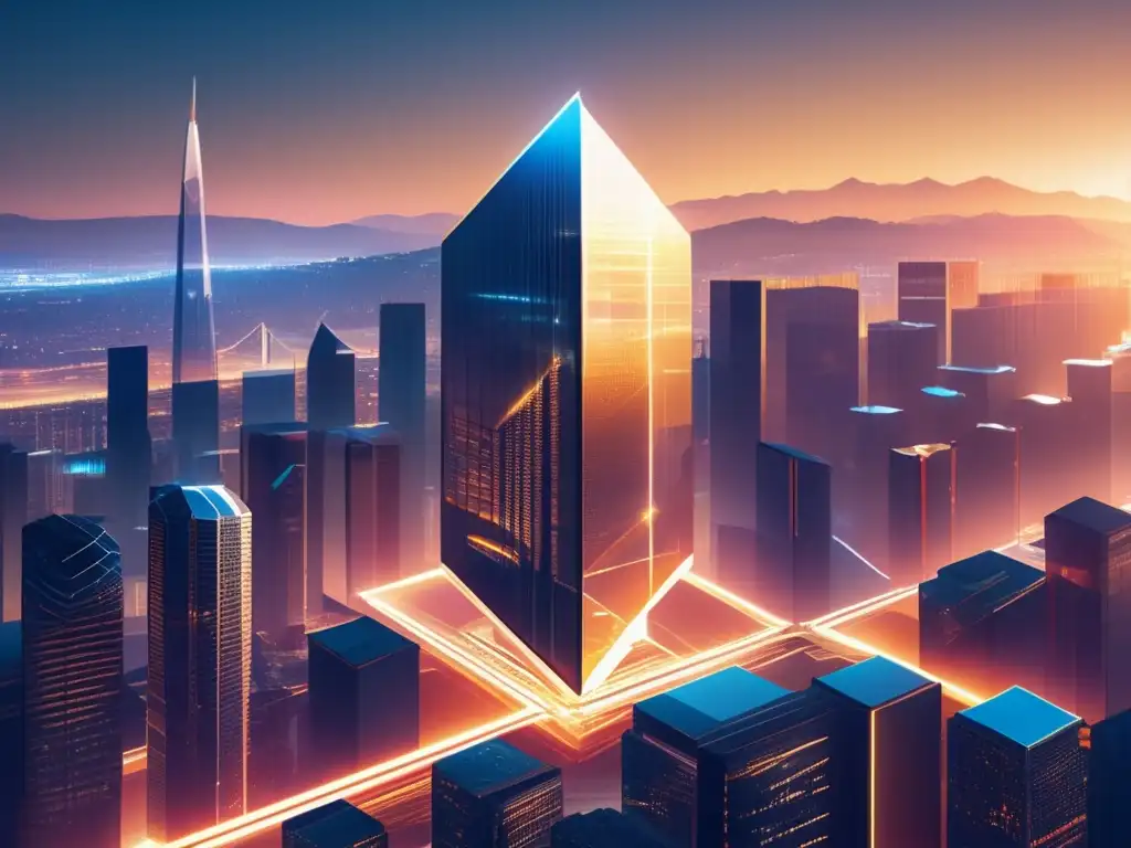 La transparencia en las inversiones blockchain Transparencia en inversiones blockchain: ciudad futurista con arquitectura transparente y símbolo de blockchain